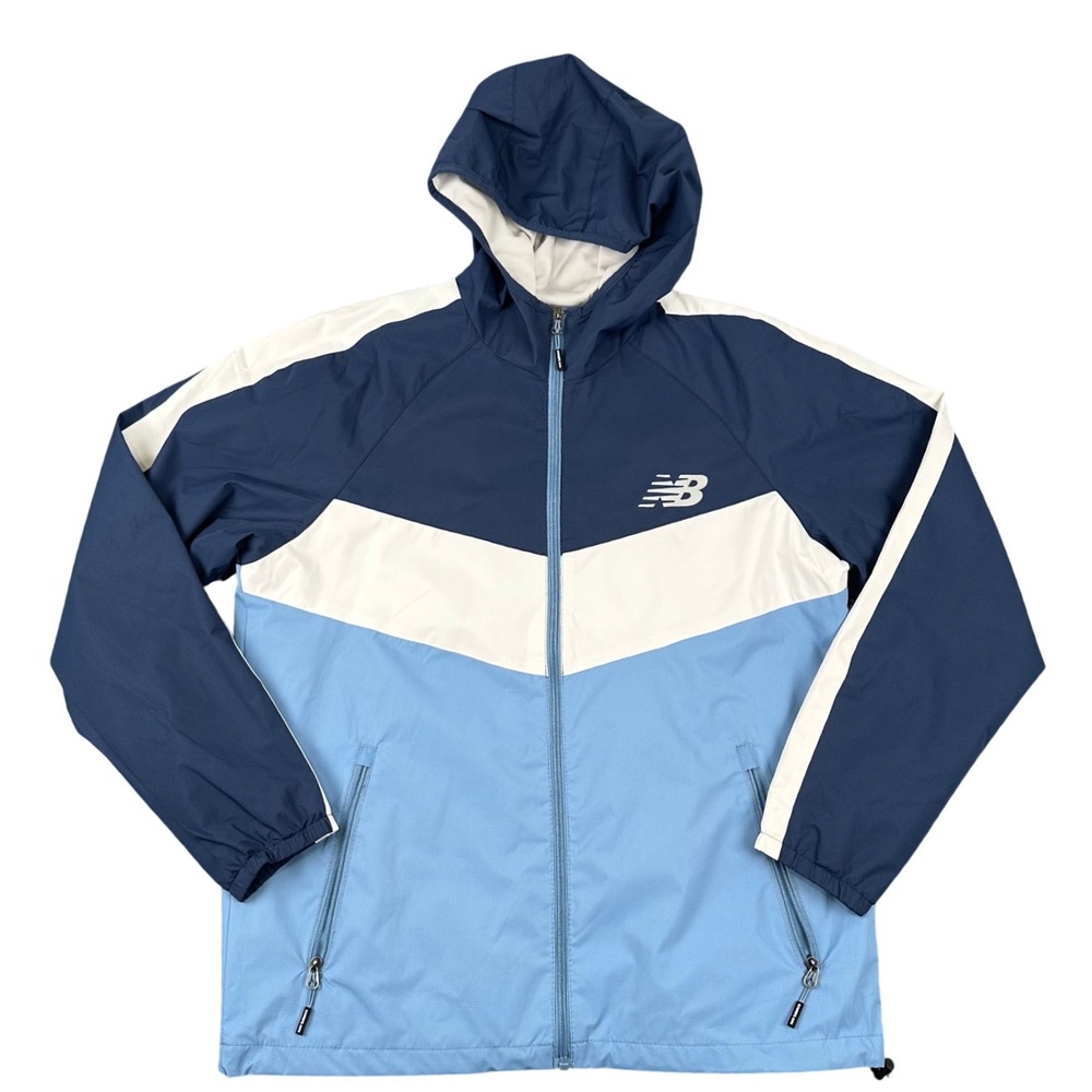 New Balance Mens Windbreaker Jacket Medium Blue White Colorblock Full Zip Hooded